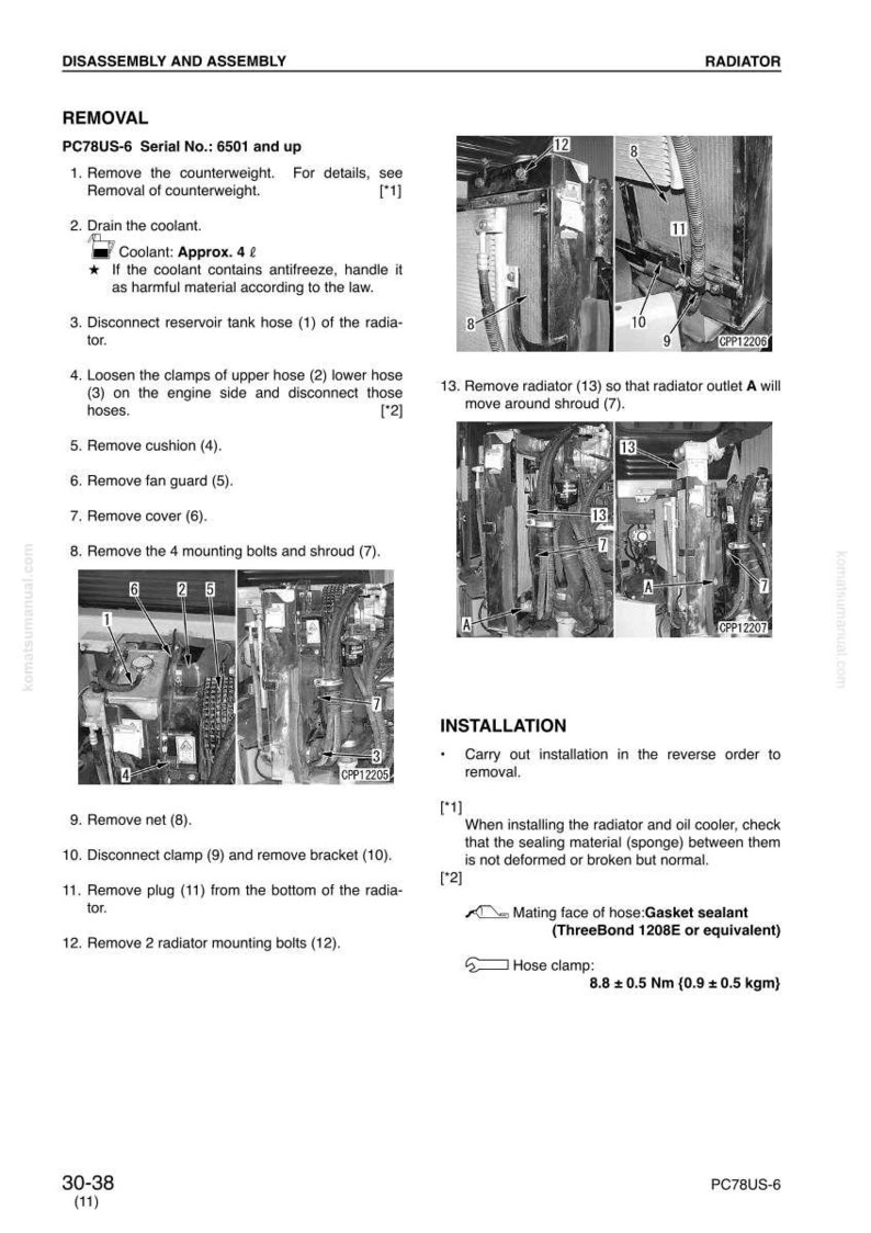 May include: A manual page showing radiator disassembly and assembly instructions. It includes diagrams and numbered steps for removing and installing parts. Coolant capacity is approximately 4 litres. The text also includes safety warnings.
