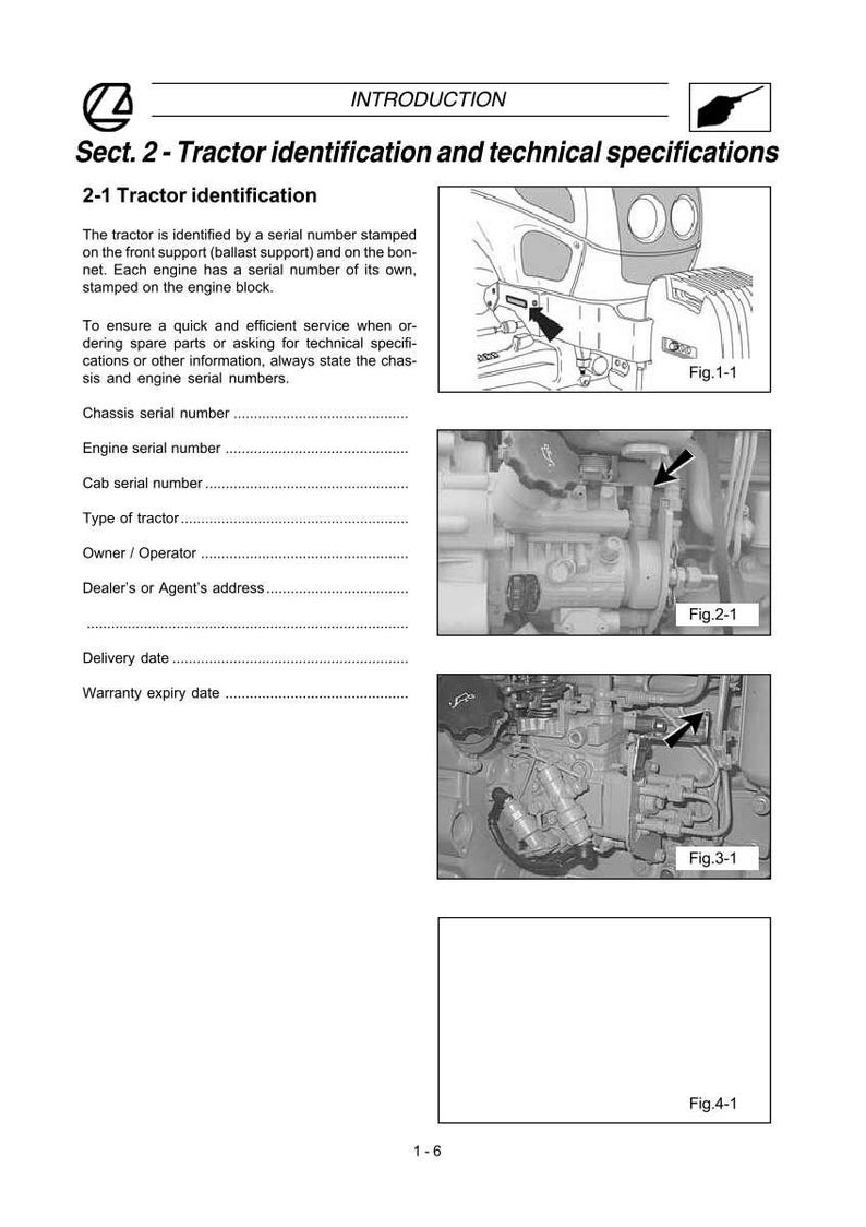 Peut inclure: Une page d'un manuel de tracteur intitul&eacute;e "Identification du tracteur et sp&eacute;cifications techniques". Le texte d&eacute;crit comment identifier un tracteur &agrave; l'aide des num&eacute;ros de s&eacute;rie. Comprend des sch&eacute;mas avec des fl&egrave;ches pointant vers les composants du moteur.