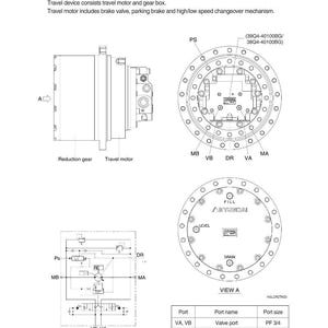Puede incluir: Diagrama t&eacute;cnico de un motor de desplazamiento, que incluye un reductor y un circuito hidr&aacute;ulico. El diagrama incluye etiquetas para varios componentes y tama&ntilde;os de puerto, con el texto "TRAVEL MOTOR (TYPE 3, 4)" en la parte superior.