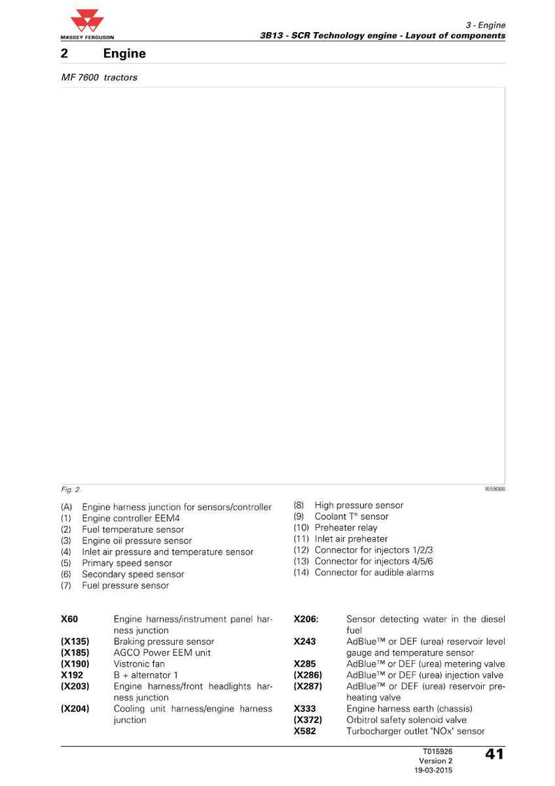 Puede incluir: Diagrama de un dise&ntilde;o de motor con etiquetas de componentes. La imagen incluye una lista de piezas del motor, incluidos sensores, conectores y rel&eacute;s. El texto incluye "Motor" y "MF 7600 tractors."