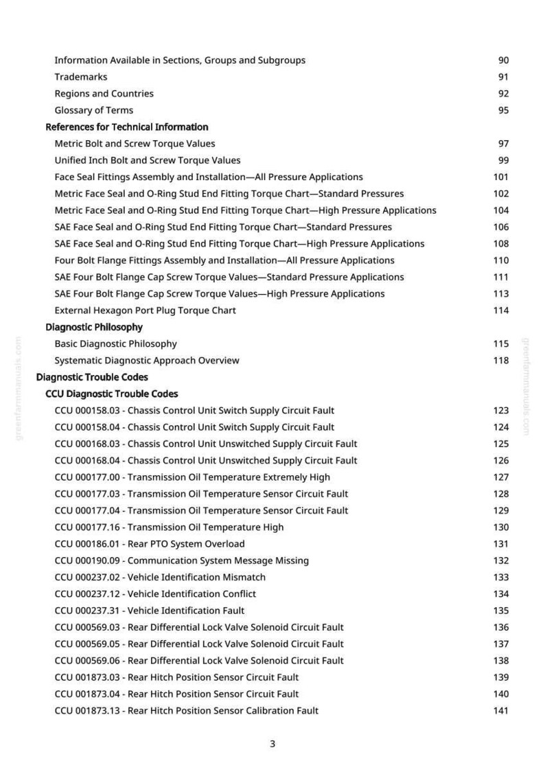 May include: A white page from a manual with a table of contents, including sections on diagnostic trouble codes and technical information. The page lists various CCU diagnostic trouble codes and their descriptions.