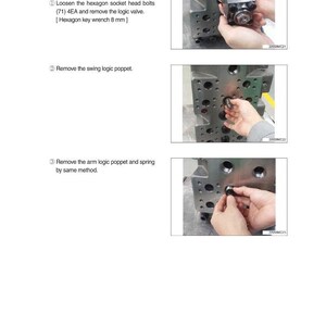 May include: Diagram of disassembling a logic valve, with text instructions and images. The steps include loosening bolts, removing the logic valve, and removing poppets and springs. The text includes "Hexagon key wrench 8 mm".