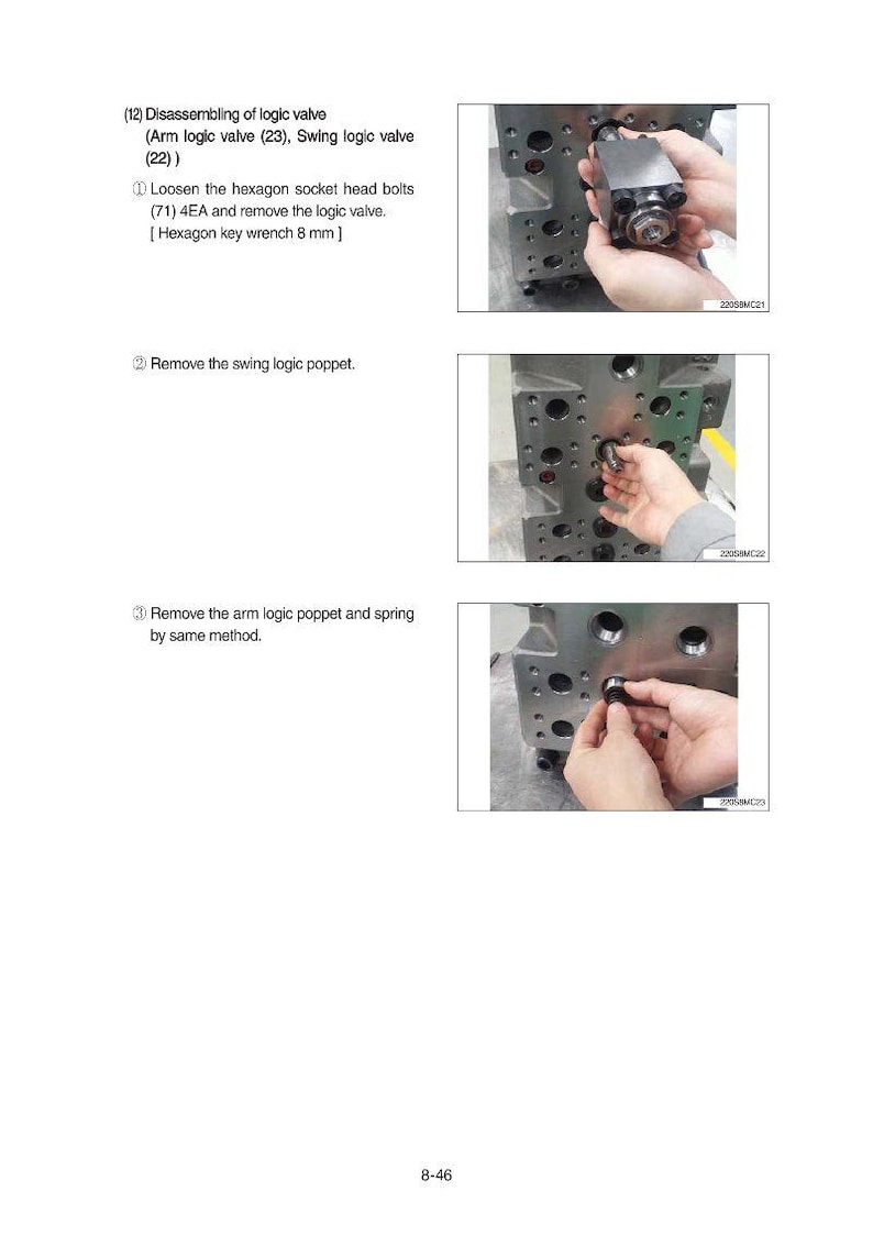 May include: Diagram of disassembling a logic valve, with text instructions and images. The steps include loosening bolts, removing the logic valve, and removing poppets and springs. The text includes "Hexagon key wrench 8 mm".