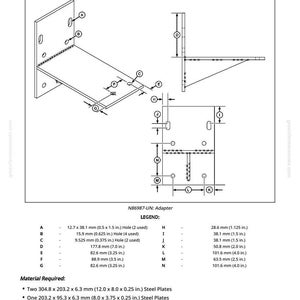 K&ouml;nnte beinhalten: Diagramm eines DFNXT11 Pumpen-Ausbauwerkzeugs, mit Abmessungen in Zoll und Millimetern. Das Diagramm zeigt einen Adapter mit verschiedenen L&ouml;chern und Messungen, zusammen mit einer Legende und den Materialanforderungen.