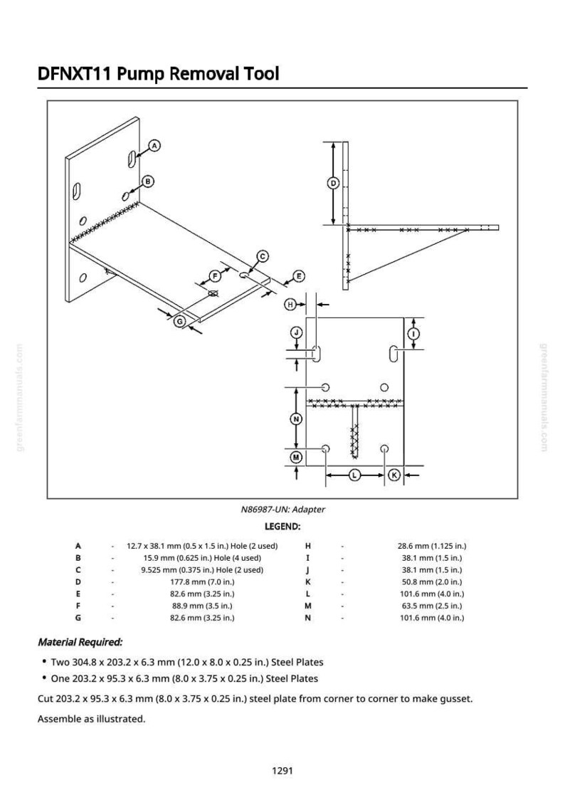 K&ouml;nnte beinhalten: Diagramm eines DFNXT11 Pumpen-Ausbauwerkzeugs, mit Abmessungen in Zoll und Millimetern. Das Diagramm zeigt einen Adapter mit verschiedenen L&ouml;chern und Messungen, zusammen mit einer Legende und den Materialanforderungen.