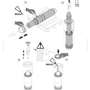Peut inclure: Un sch&eacute;ma technique avec plusieurs composants, dont une grande pi&egrave;ce cylindrique, un crochet et diverses petites pi&egrave;ces. Le sch&eacute;ma comprend le texte "MSA32" et une sp&eacute;cification de poids de 35 kg. Le logo Komatsu et les informations sur le mod&egrave;le sont &eacute;galement pr&eacute;sents.
