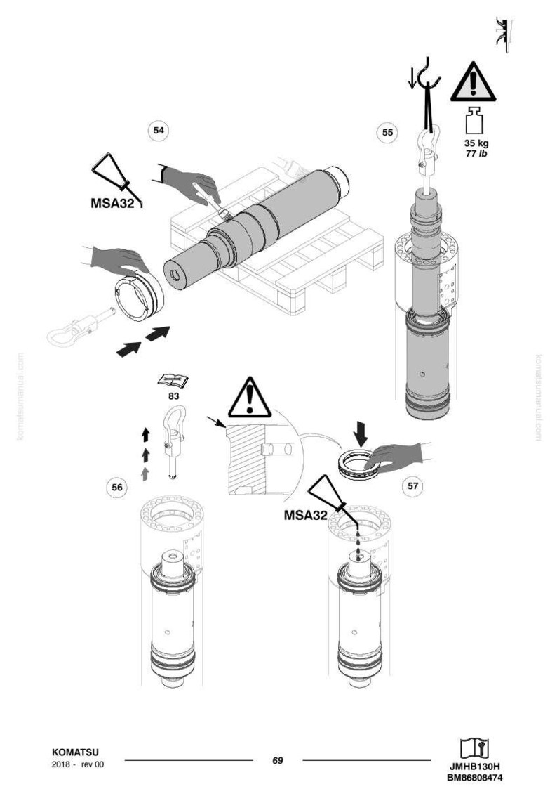 Peut inclure: Un sch&eacute;ma technique avec plusieurs composants, dont une grande pi&egrave;ce cylindrique, un crochet et diverses petites pi&egrave;ces. Le sch&eacute;ma comprend le texte "MSA32" et une sp&eacute;cification de poids de 35 kg. Le logo Komatsu et les informations sur le mod&egrave;le sont &eacute;galement pr&eacute;sents.