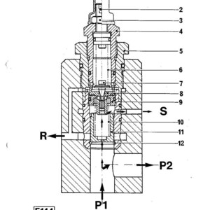 May include: Detailed cross-section diagram of a mechanical component, labeled with numbers and letters. The diagram shows internal parts, arrows indicating flow, and the text "F144".