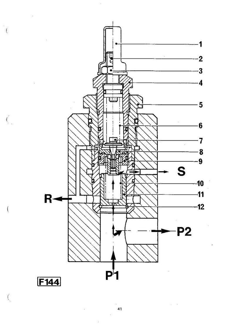 May include: Detailed cross-section diagram of a mechanical component, labeled with numbers and letters. The diagram shows internal parts, arrows indicating flow, and the text "F144".