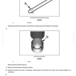 K&ouml;nnte beinhalten: Diagramm einer Kugelzapfen und eines Kolbens, mit Beschriftungen. Die Kugelzapfen ist ein silberner Stab mit abgerundetem Ende. Der Kolben ist ein zylindrisches Bauteil mit einer &Ouml;ffnung. Text enth&auml;lt Anweisungen zur Inspektion.