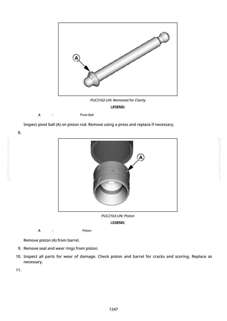 K&ouml;nnte beinhalten: Diagramm einer Kugelzapfen und eines Kolbens, mit Beschriftungen. Die Kugelzapfen ist ein silberner Stab mit abgerundetem Ende. Der Kolben ist ein zylindrisches Bauteil mit einer &Ouml;ffnung. Text enth&auml;lt Anweisungen zur Inspektion.