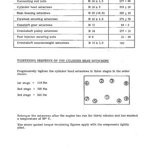 Pode incluir: P&aacute;gina de um manual de repara&ccedil;&atilde;o de motores com tens&otilde;es de torque recomendadas para v&aacute;rios componentes do motor, incluindo parafusos da biela e parafusos da cabe&ccedil;a do cilindro. Inclui um diagrama de sequ&ecirc;ncia de aperto.