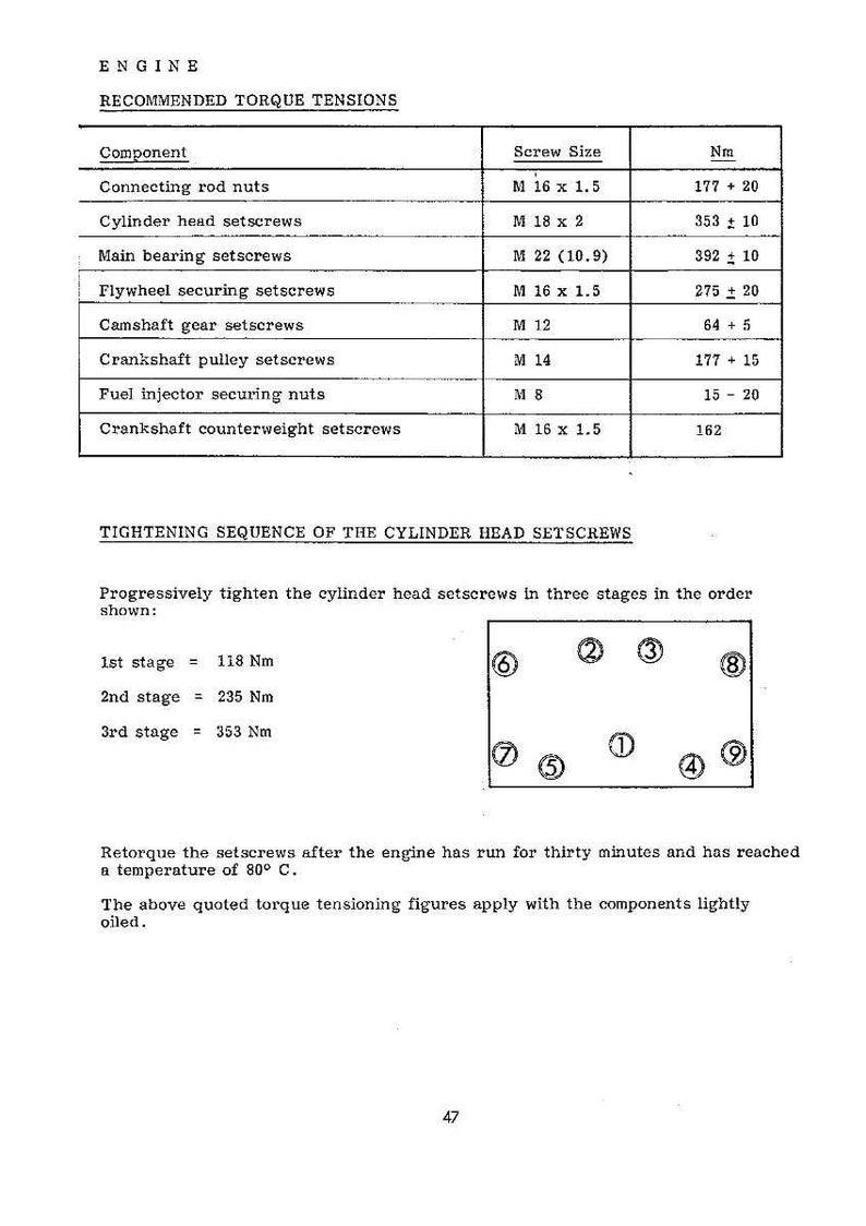 Pode incluir: P&aacute;gina de um manual de repara&ccedil;&atilde;o de motores com tens&otilde;es de torque recomendadas para v&aacute;rios componentes do motor, incluindo parafusos da biela e parafusos da cabe&ccedil;a do cilindro. Inclui um diagrama de sequ&ecirc;ncia de aperto.