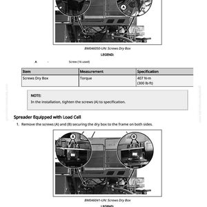 May include: Diagram showing a spreader with a load cell, detailing screw locations and torque specifications. Includes close-up views of the dry box and screw placement, with measurements in N-m and lb-ft.