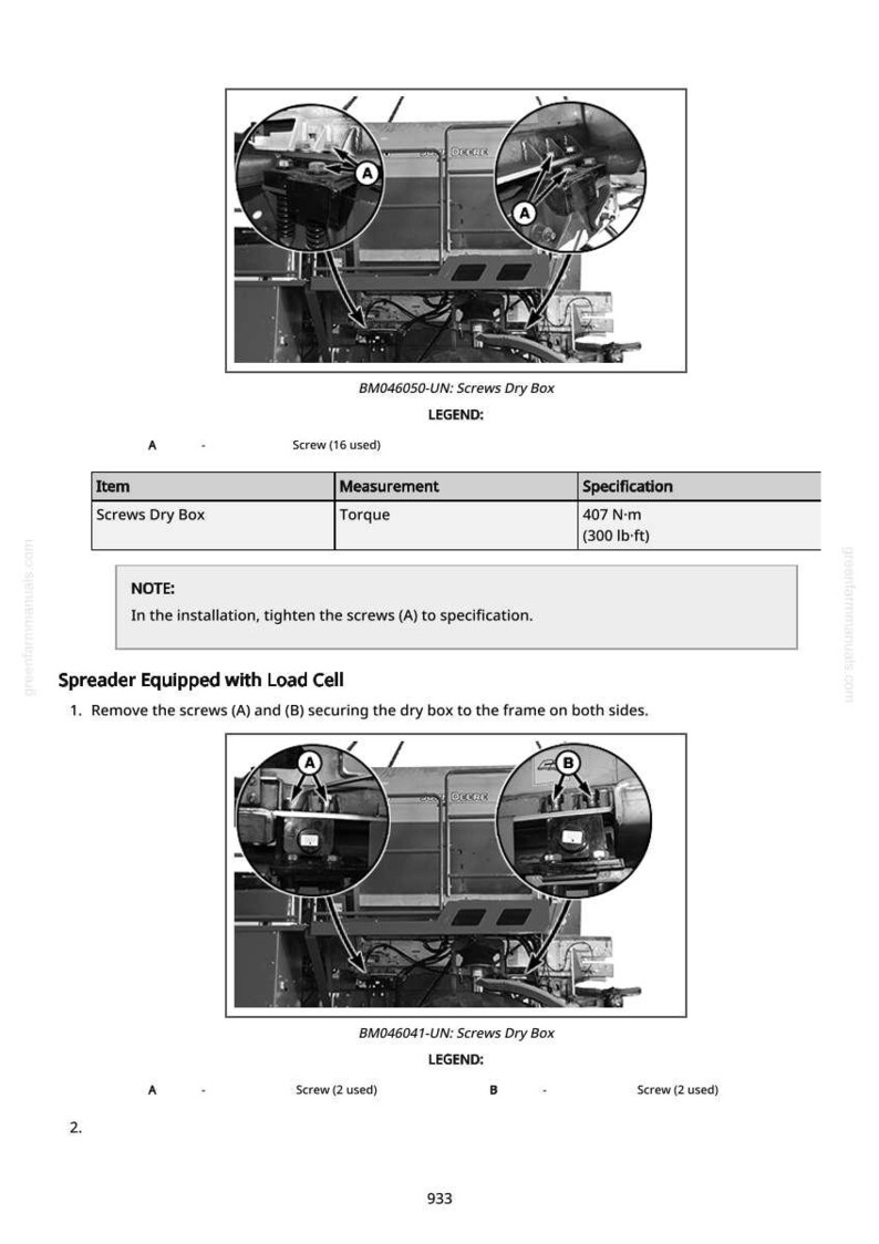 May include: Diagram showing a spreader with a load cell, detailing screw locations and torque specifications. Includes close-up views of the dry box and screw placement, with measurements in N-m and lb-ft.
