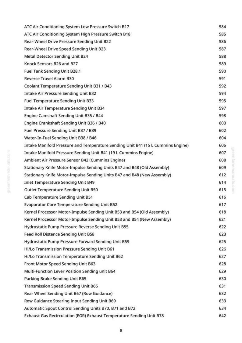 May include: A detailed list of automotive components, including sensors and sending units, with corresponding part numbers. The text is in black font on a white background, with a green website address in the corner. The list is organized with item names and page numbers.