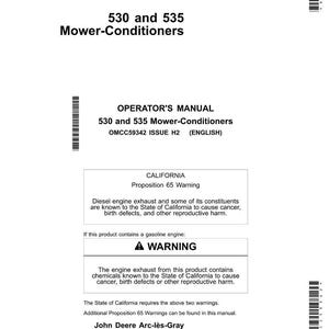 May include: A white manual titled "530 and 535 Mower-Conditioners" with the text "OPERATOR'S MANUAL" and a warning about California Proposition 65. The manual is printed in the USA.