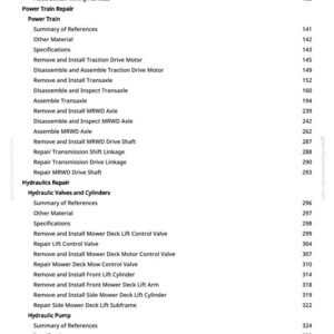 May include: A detailed table of contents from a manual, listing various repair and maintenance procedures for a machine. The text includes sections on wiring harnesses, power train repair, hydraulics, and hydraulic pumps. Page numbers are listed on the right.