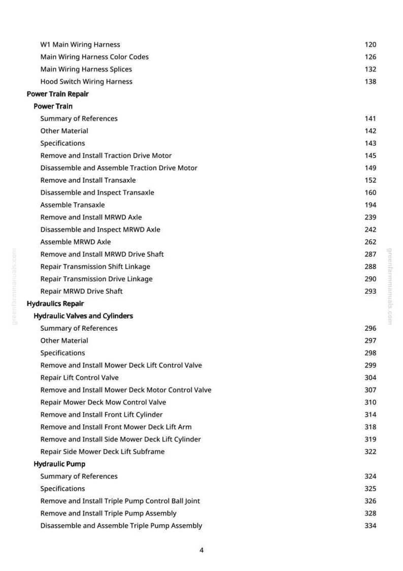 May include: A detailed table of contents from a manual, listing various repair and maintenance procedures for a machine. The text includes sections on wiring harnesses, power train repair, hydraulics, and hydraulic pumps. Page numbers are listed on the right.