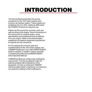 May include: A white service manual titled "INTRODUCTION" with the YANMAR logo. The manual describes service procedures for TNV series engines, certified by U.S. EPA and California ARB. Includes troubleshooting and operation instructions.