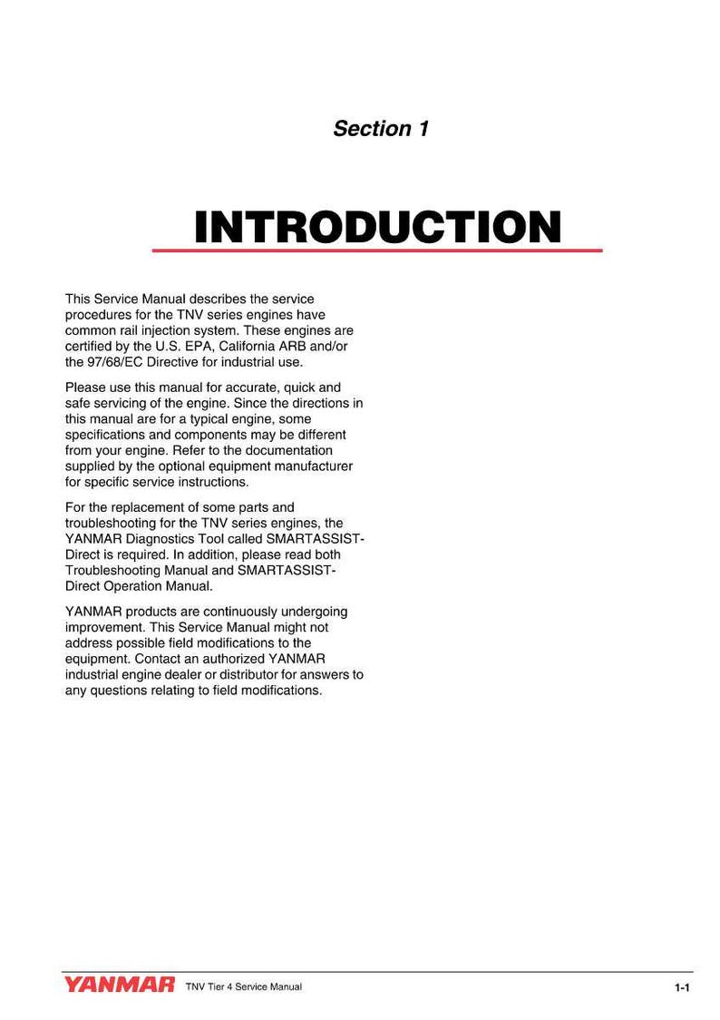 May include: A white service manual titled "INTRODUCTION" with the YANMAR logo. The manual describes service procedures for TNV series engines, certified by U.S. EPA and California ARB. Includes troubleshooting and operation instructions.