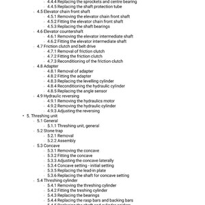 Puede incluir: Una lista detallada de procedimientos mec&aacute;nicos y piezas, probablemente para el mantenimiento o la reparaci&oacute;n de maquinaria. El texto est&aacute; organizado jer&aacute;rquicamente, con pasos y sub-pasos numerados, que cubren diversos componentes.