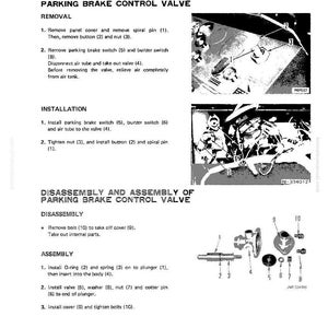 Pode incluir: Diagrama de desmontagem e montagem de uma v&aacute;lvula de controlo do trav&atilde;o de estacionamento. A imagem inclui pe&ccedil;as numeradas, diagramas e instru&ccedil;&otilde;es de texto para remo&ccedil;&atilde;o e instala&ccedil;&atilde;o. O texto inclui os passos para remo&ccedil;&atilde;o, instala&ccedil;&atilde;o, desmontagem e montagem.