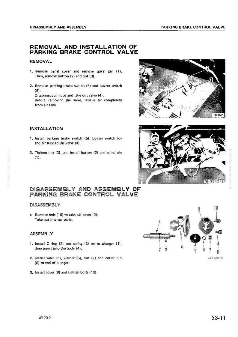Pode incluir: Diagrama de desmontagem e montagem de uma v&aacute;lvula de controlo do trav&atilde;o de estacionamento. A imagem inclui pe&ccedil;as numeradas, diagramas e instru&ccedil;&otilde;es de texto para remo&ccedil;&atilde;o e instala&ccedil;&atilde;o. O texto inclui os passos para remo&ccedil;&atilde;o, instala&ccedil;&atilde;o, desmontagem e montagem.