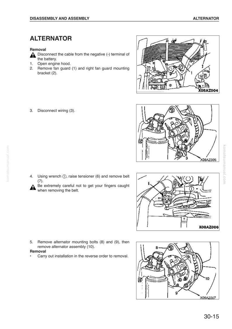 Pode incluir: Diagrama de instru&ccedil;&otilde;es de remo&ccedil;&atilde;o e montagem do alternador. A imagem inclui ilustra&ccedil;&otilde;es detalhadas com etapas numeradas e etiquetas para cada pe&ccedil;a, como a prote&ccedil;&atilde;o da ventoinha, a fia&ccedil;&atilde;o e os parafusos de montagem. As instru&ccedil;&otilde;es de texto tamb&eacute;m est&atilde;o inclu&iacute;das.