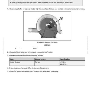 May include: Diagram of a vacuum turbine motor inspection. The image includes a detailed illustration of the motor, labeled components, and a table with specifications for motor screws, including a torque of 41 N-m (30 lb-ft).