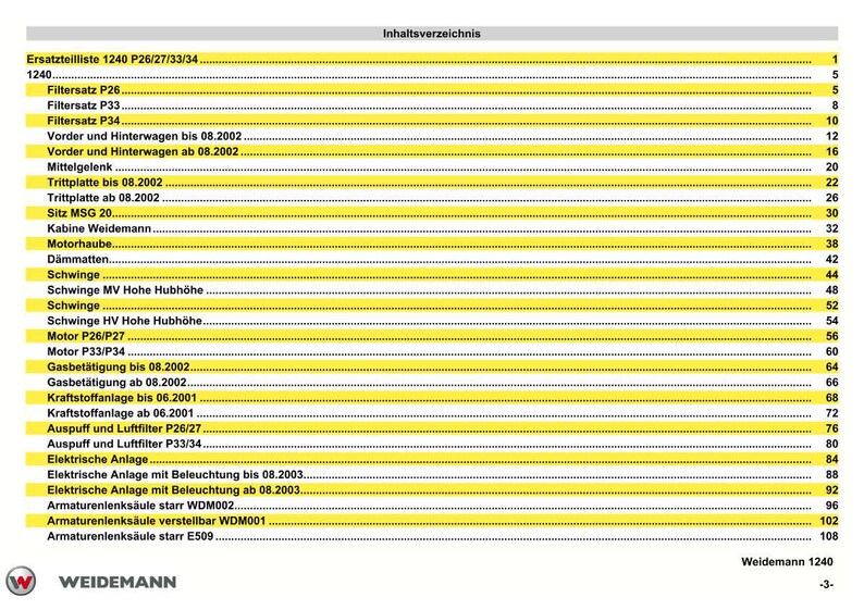Puede incluir: Un detallado &iacute;ndice de Weidemann 1240, con filas resaltadas en amarillo. El documento enumera varias piezas y componentes, incluidos filtros, motores y sistemas el&eacute;ctricos. El logotipo de Weidemann est&aacute; en la parte inferior.