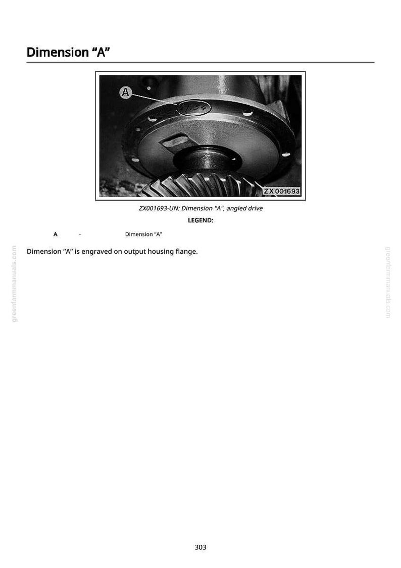 K&ouml;nnte beinhalten: Schwarz-Wei&szlig;-Bild einer mechanischen Komponente mit der Bezeichnung "Dimension A". Die Komponente ist Teil eines Winkelantriebssystems, mit dem Text "ZX001693" sichtbar. Der Text "Dimension A" ist auf dem Ausgangsflansch eingraviert.