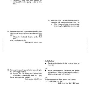 Pode incluir: Diagrama detalhado de um manual para o sistema de refrigera&ccedil;&atilde;o e motor 200, ilustrando a remo&ccedil;&atilde;o e instala&ccedil;&atilde;o de um conjunto de bomba de alimenta&ccedil;&atilde;o de combust&iacute;vel. Inclui instru&ccedil;&otilde;es, diagramas e medidas em mil&iacute;metros.