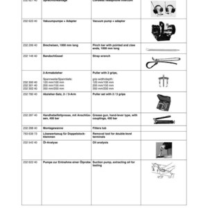 May include: A Komatsu parts catalog page with a table of tools and equipment. The table includes descriptions of items like a cordless headphone intercom, vacuum pump, pinch bar, strap wrench, and puller sets. The Komatsu logo is at the top.