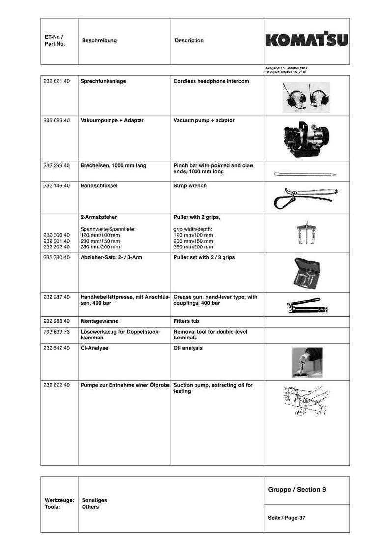 May include: A Komatsu parts catalog page with a table of tools and equipment. The table includes descriptions of items like a cordless headphone intercom, vacuum pump, pinch bar, strap wrench, and puller sets. The Komatsu logo is at the top.