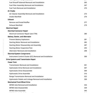 May include: A manual page with a list of vehicle repair topics. Sections include fuel injection, air intake, exhaust, and electrical repair. The page number 5 is visible.
