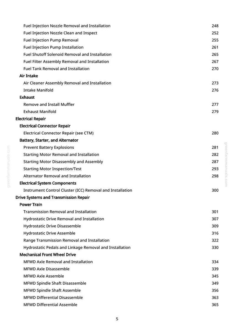 May include: A manual page with a list of vehicle repair topics. Sections include fuel injection, air intake, exhaust, and electrical repair. The page number 5 is visible.