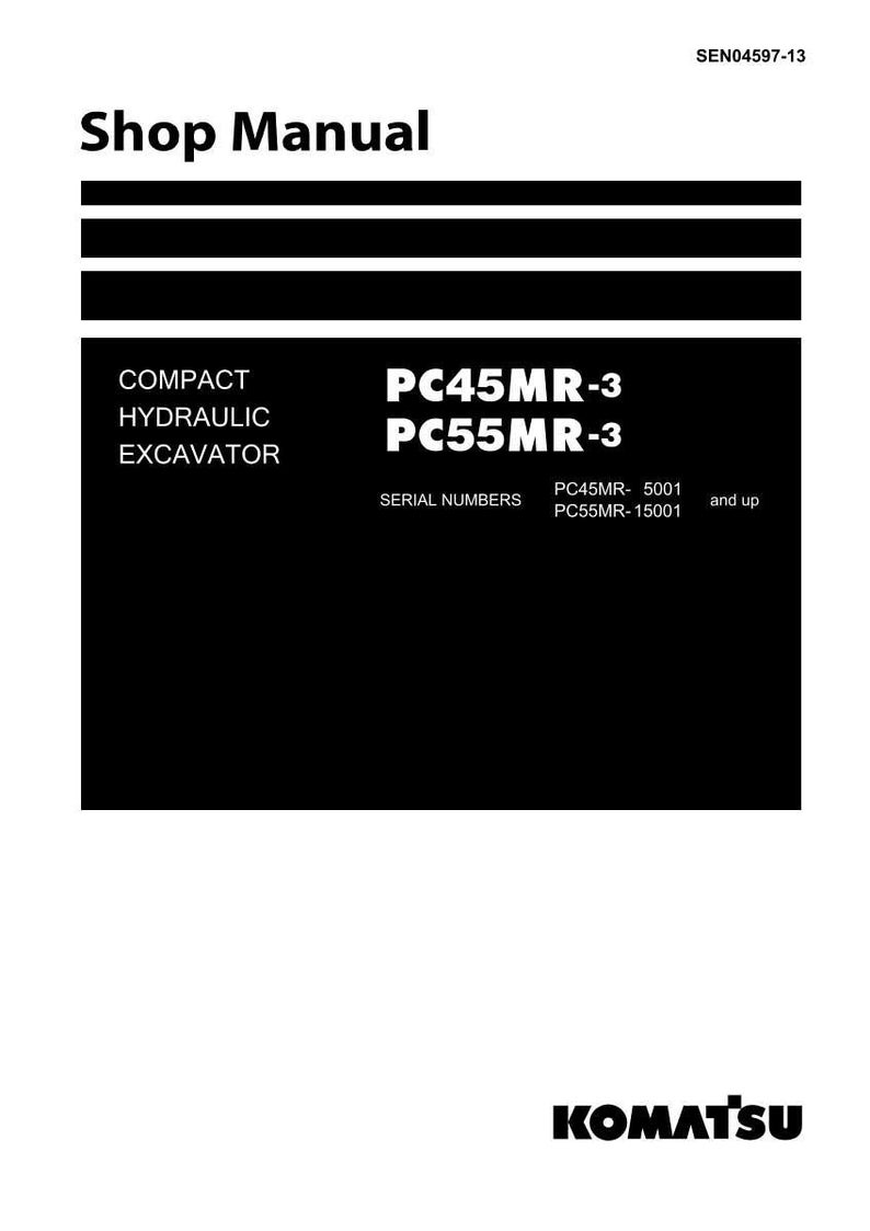 May include: A white shop manual with black text. The title "Shop Manual" is at the top. The manual includes information about compact hydraulic excavators, specifically PC45MR-3 and PC55MR-3 models, with serial number details. The Komatsu logo is at the bottom.