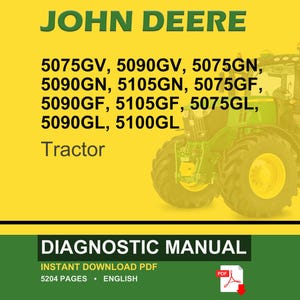 May include: A John Deere tractor is featured on a yellow background. The image includes the text "JOHN DEERE" in green, along with tractor model numbers. Below, the text "DIAGNOSTIC MANUAL" is displayed, with details about the PDF format and page count.