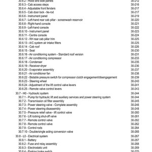 May include: A detailed table of contents from a manual, listing various components and systems. The text includes sections on bodywork, hydraulic systems, electrical systems, and more. The page is white with black text.