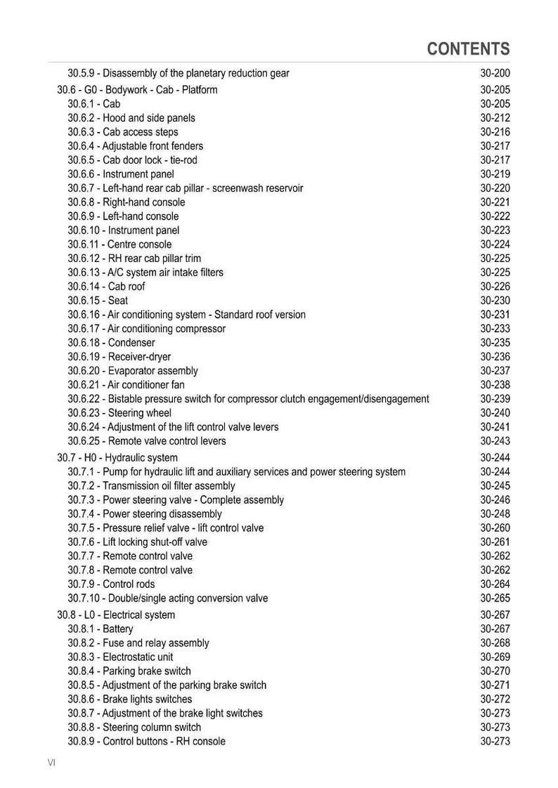 May include: A detailed table of contents from a manual, listing various components and systems. The text includes sections on bodywork, hydraulic systems, electrical systems, and more. The page is white with black text.