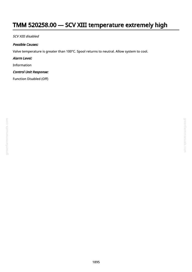 K&ouml;nnte beinhalten: Eine wei&szlig;e Seite mit schwarzem Text, der einen Systemfehler detailliert. Der Text lautet "TMM 520258.00 - SCV XIII Temperatur extrem hoch". Zus&auml;tzlicher Text beschreibt m&ouml;gliche Ursachen und Steuerger&auml;teantworten. Die Seite enth&auml;lt die Website-Adresse "greenfarmmanuals.com".