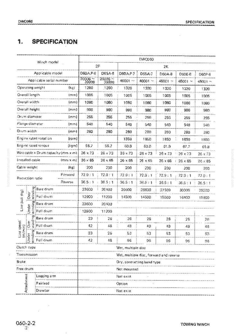 Puede incluir: Una hoja de especificaciones t&eacute;cnicas para un cabrestante de remolque, con datos detallados. Las medidas est&aacute;n en mil&iacute;metros, como la longitud total de 1005 mm, y el peso operativo en kilogramos, de 1280 a 1320 kg.