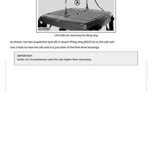 May include: Diagram showing the attachment of a lifting sling to a cab roof. The image includes labels A and B, and the text "LX012282-UN: Attaching the lifting sling." The text also includes instructions and a warning about raising the cab.