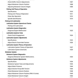 May include: A detailed list of technical terms and page numbers, likely from a manual. The text includes terms like "Adjust Doffer Column Tilt," "Lubrication System Diagnostics," and "Moistener System Adjustments." The page number "12" is visible at the bottom.