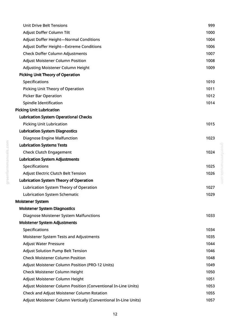 May include: A detailed list of technical terms and page numbers, likely from a manual. The text includes terms like "Adjust Doffer Column Tilt," "Lubrication System Diagnostics," and "Moistener System Adjustments." The page number "12" is visible at the bottom.