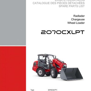 May include: A red and grey wheel loader, model 2070CXLPT, with a large bucket. The image is from a spare parts list catalogue. The Weidemann logo is at the top.