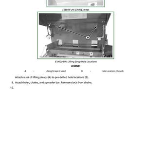 May include: Diagram showing lifting strap hole locations and lifting straps. The diagram includes the text "E66935-UN: Lifting Straps" and "E79020-UN: Lifting Strap Hole Locations". Instructions are included to attach lifting straps to pre-drilled hole locations.