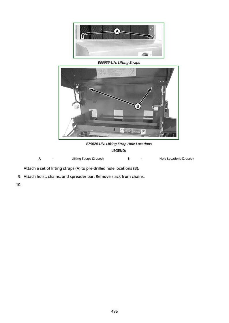 May include: Diagram showing lifting strap hole locations and lifting straps. The diagram includes the text "E66935-UN: Lifting Straps" and "E79020-UN: Lifting Strap Hole Locations". Instructions are included to attach lifting straps to pre-drilled hole locations.