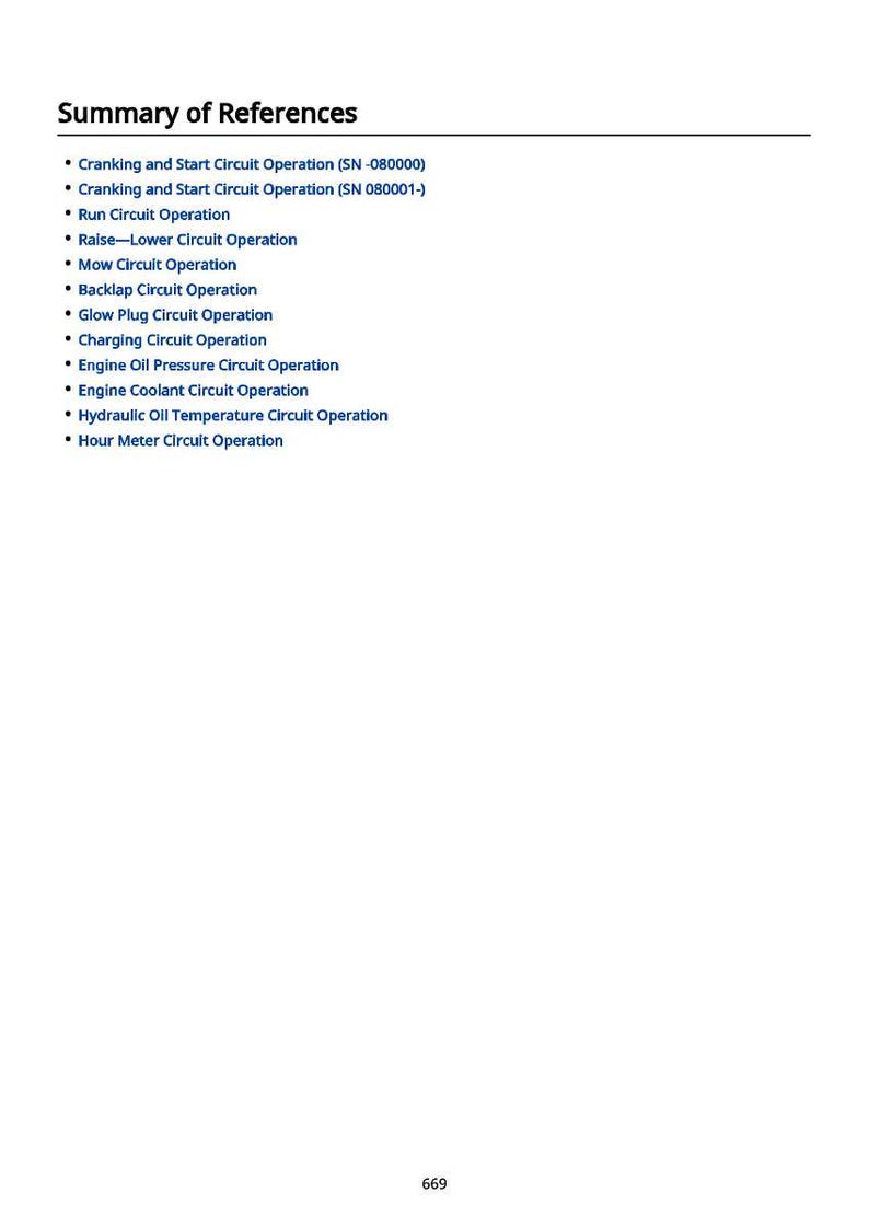 May include: A white page with the heading "Summary of References" and a list of technical terms. The list includes "Cranking and Start Circuit Operation" and "Hour Meter Circuit Operation."